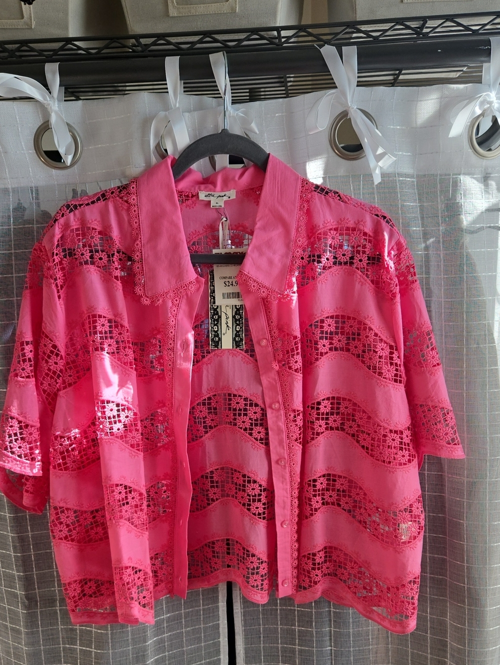 Ultra Pink Girls' Bright Pink Lace Panel Button-Front Shirt